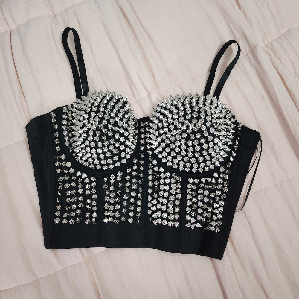 Black Metallic Stud Bustier Crop Top ~36D